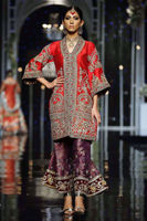 Pakistani Red Embroidered Velvet Kimono-Style Kameez (2-Piece) - Image 3
