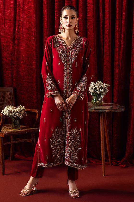 Pakistani Deep Red Embroidered Velvet Salwar Kameez (2-Piece) - Image 2