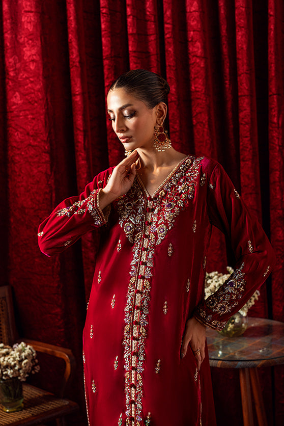 Deep Red Embroidered Velvet Salwar Kameez (2-Piece) - Image 5