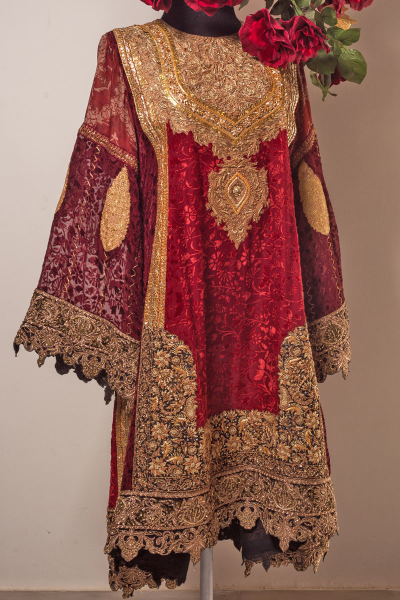 Pakistani Red Marrori Embroidered Double Palachi Velvet Salwar Kameez (2-Piece) - Image 2