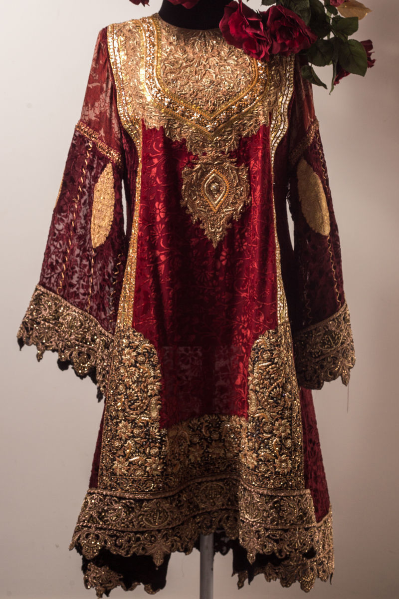 Pakistani Red Marrori Embroidered Double Palachi Velvet Salwar Kameez (2-Piece) - Image 3