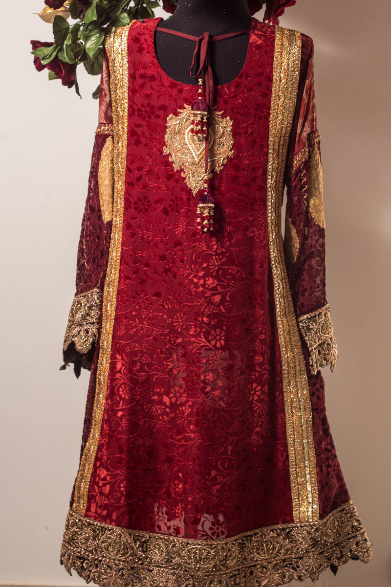 Pakistani Red Marrori Embroidered Double Palachi Velvet Salwar Kameez (2-Piece) - Image 5