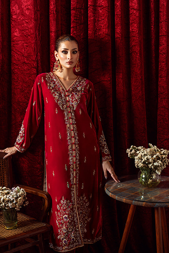 Pakistani Deep Red Embroidered Velvet Salwar Kameez (2-Piece) - Image 1