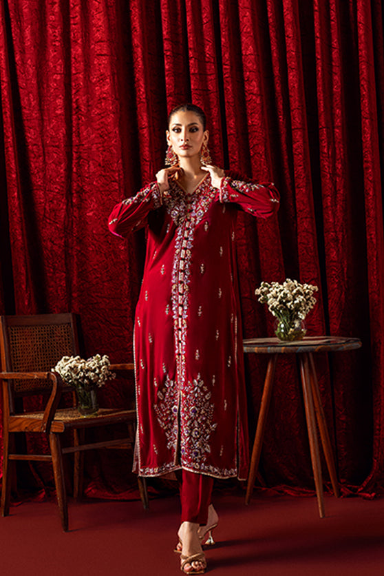 Pakistani Deep Red Embroidered Velvet Salwar Kameez (2-Piece) - Image 3