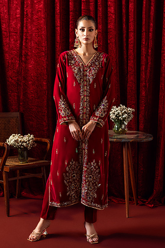 Pakistani Deep Red Embroidered Velvet Salwar Kameez (2-Piece) - Image 4