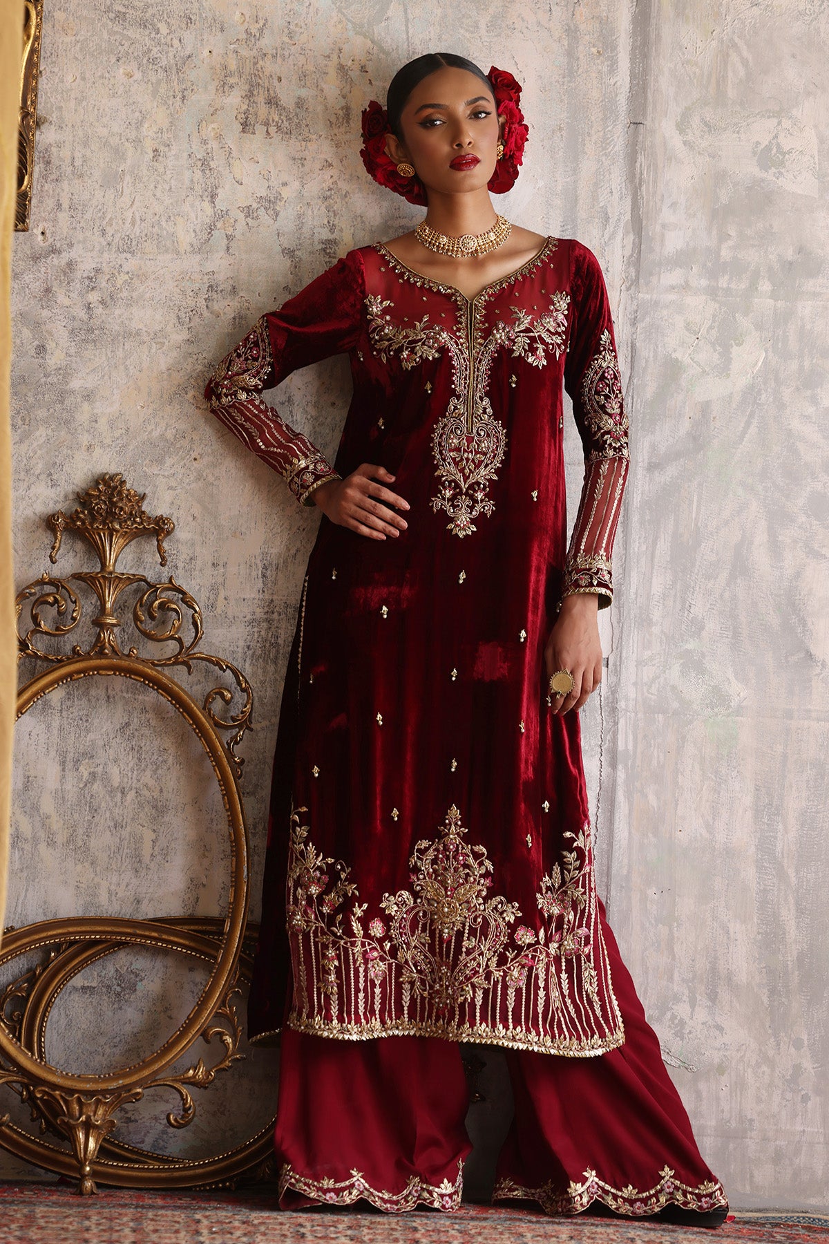 Pakistani Deep Red Zardozi Velvet Kameez (2-Piece) - Image 1