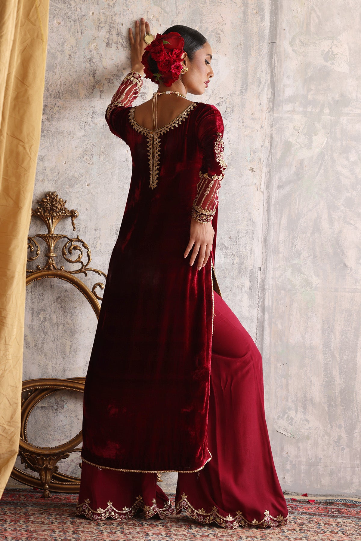 Pakistani Deep Red Zardozi Velvet Kameez (2-Piece) - Image 2