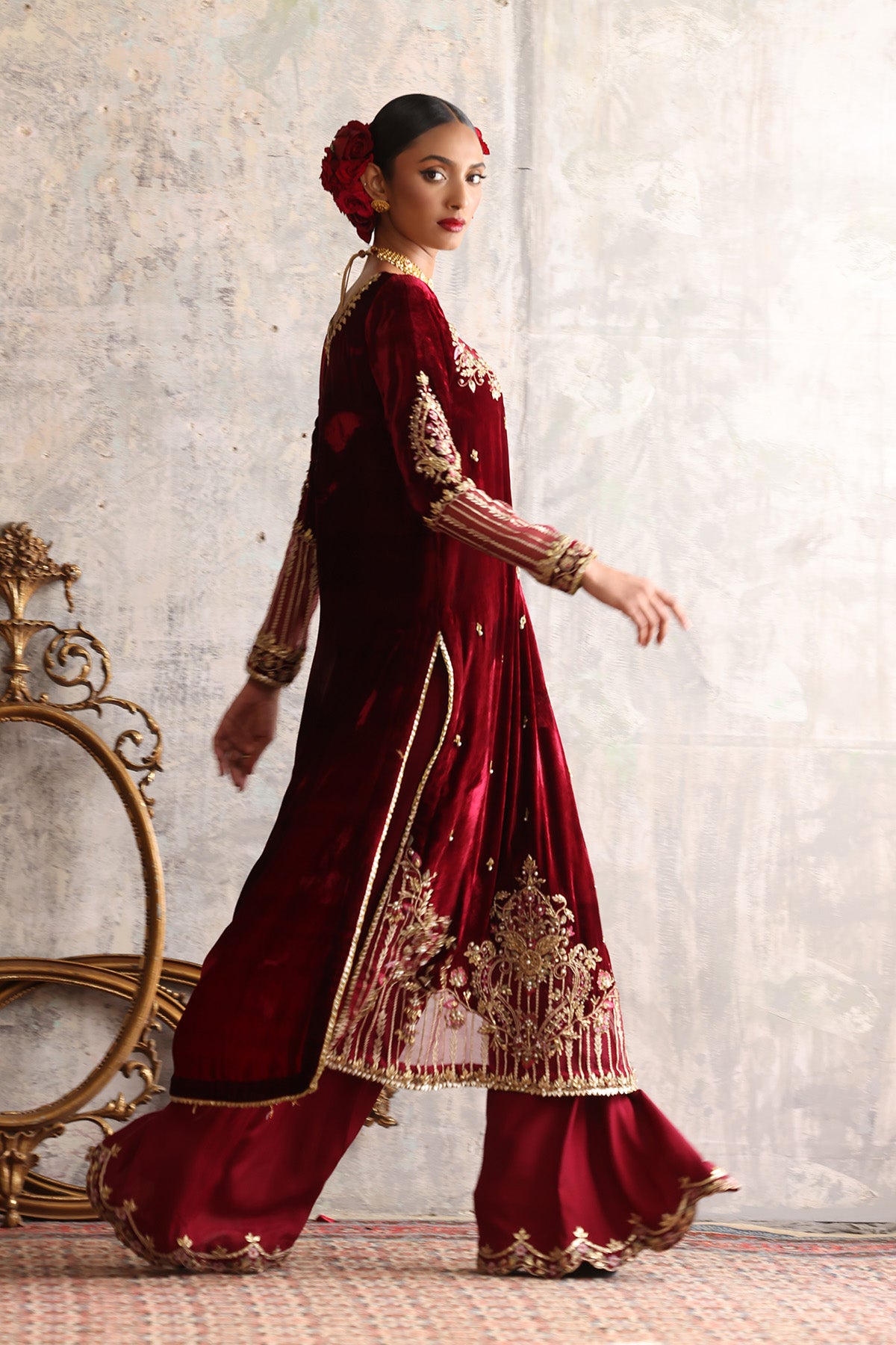 Pakistani Deep Red Zardozi Velvet Kameez (2-Piece) - Image 3