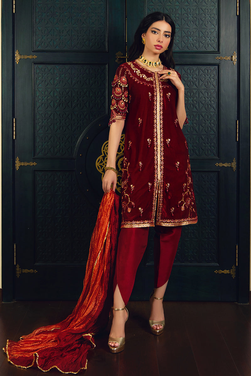 Deep Red Embroidered Velvet Salwar Kameez (3-Piece) - Image 1