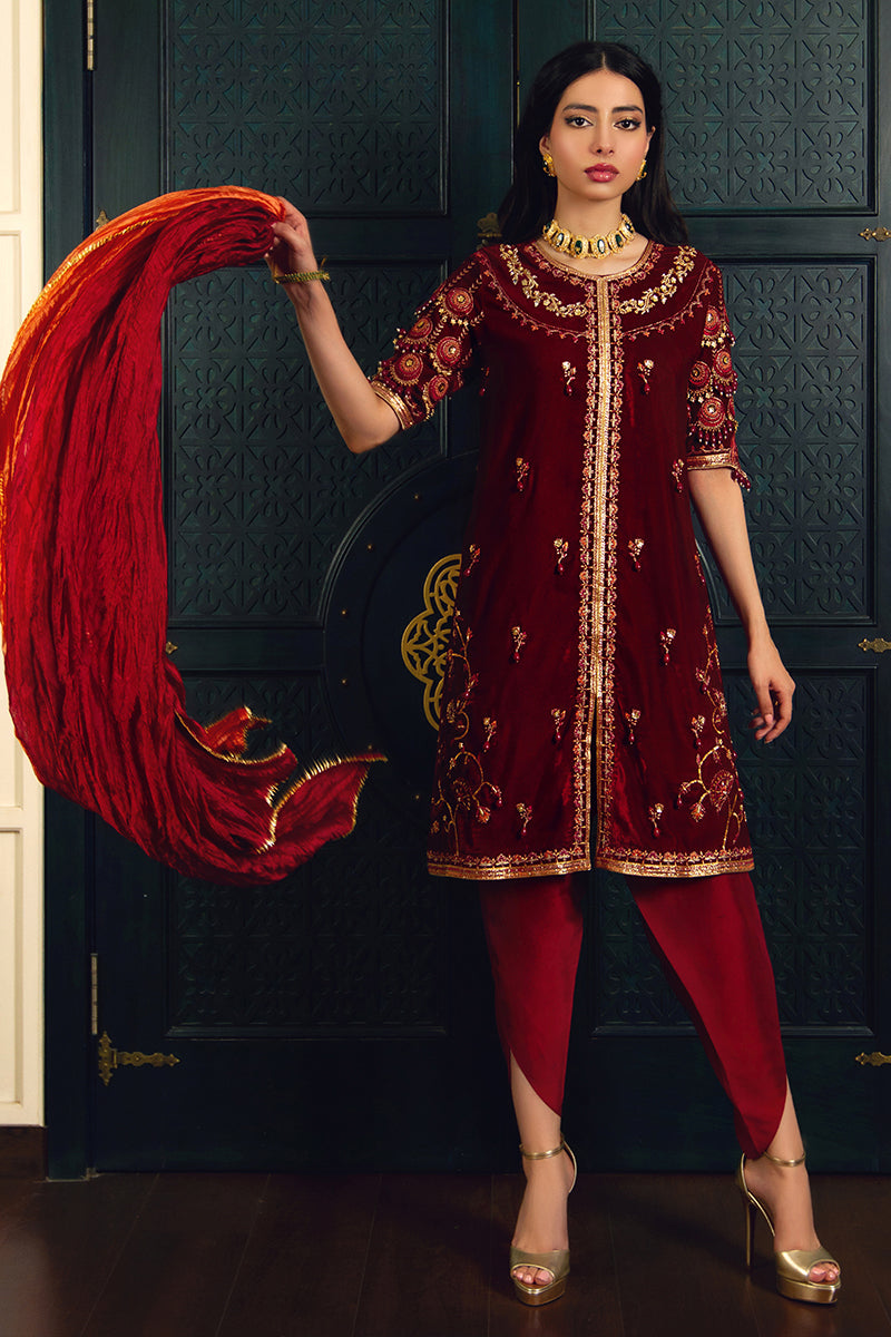 Deep Red Embroidered Velvet Salwar Kameez (3-Piece) - Image 2