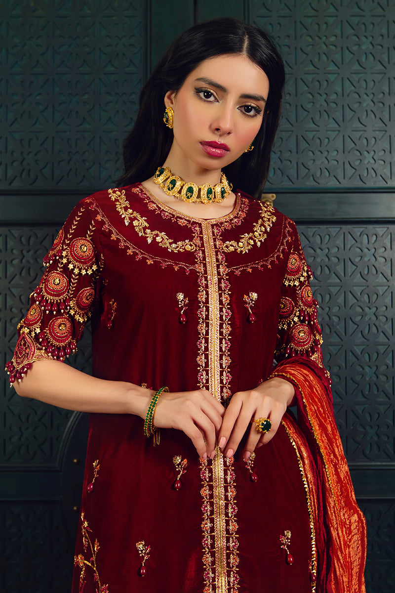 Deep Red Embroidered Velvet Salwar Kameez (3-Piece) - Image 4