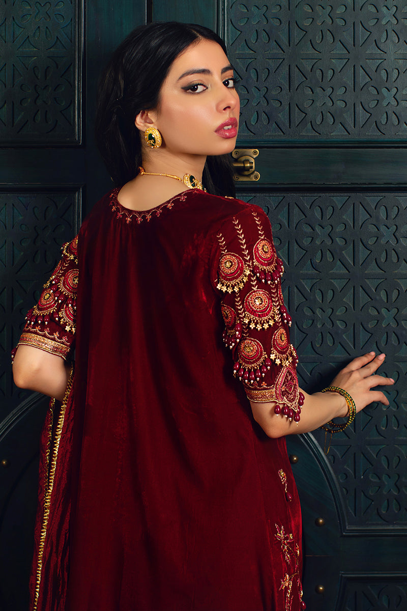 Deep Red Embroidered Velvet Salwar Kameez (3-Piece) - Image 5
