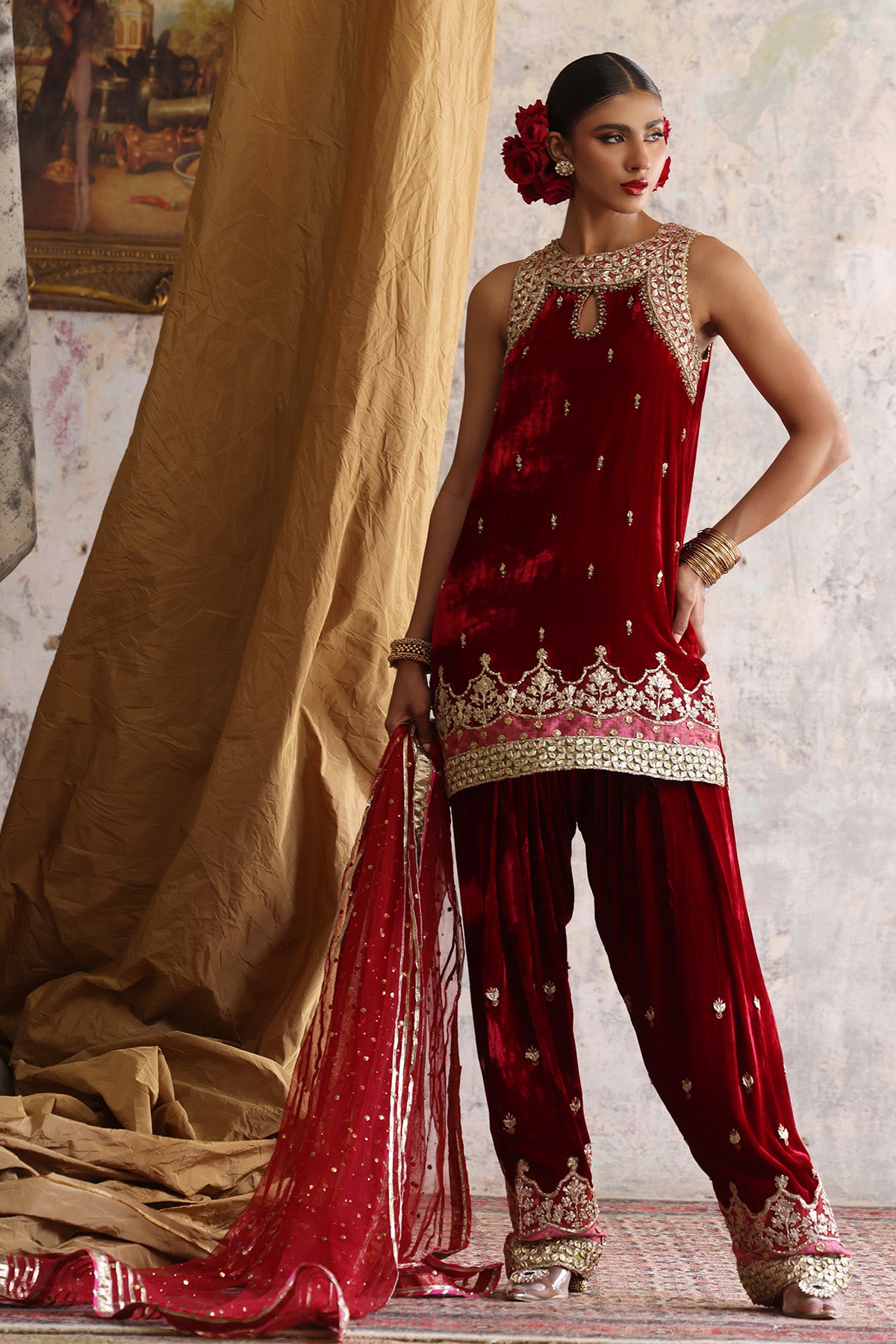 Deep Red Zardozi Velvet Salwar Kameez (2-Piece) - Image 1