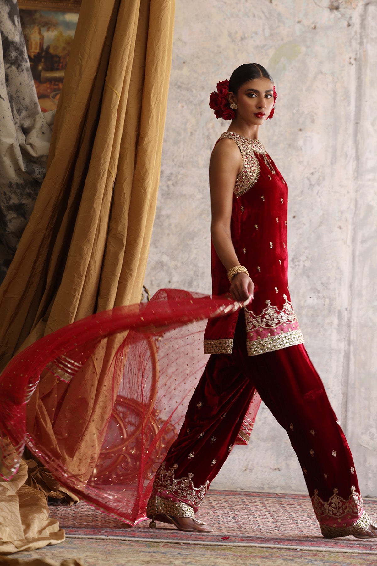 Deep Red Zardozi Velvet Salwar Kameez (2-Piece) - Image 2