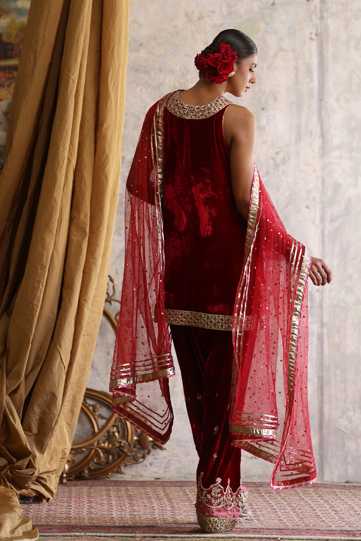 Deep Red Zardozi Velvet Salwar Kameez (2-Piece) - Image 3