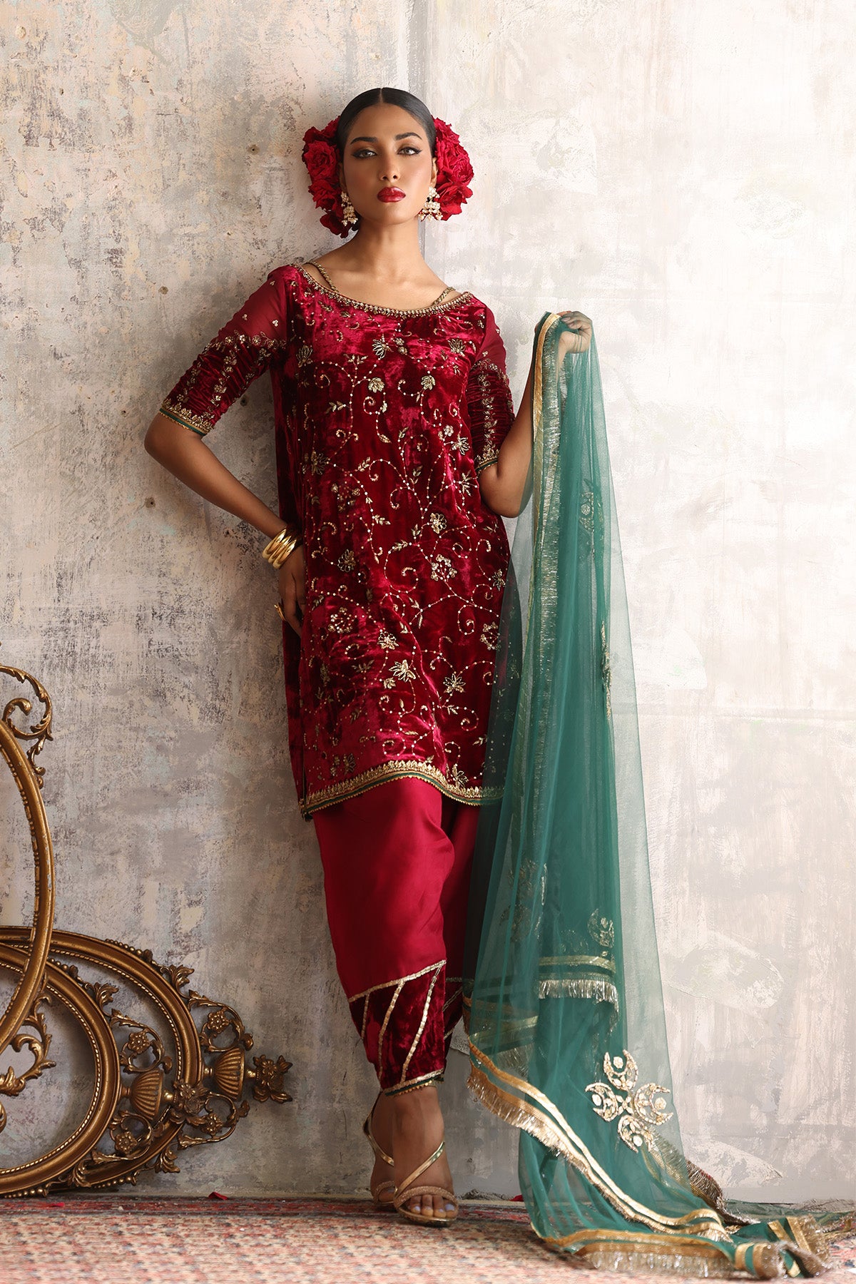 Red Velvet Ari & Zardozi Salwar Kameez (3-Piece) - Image 1