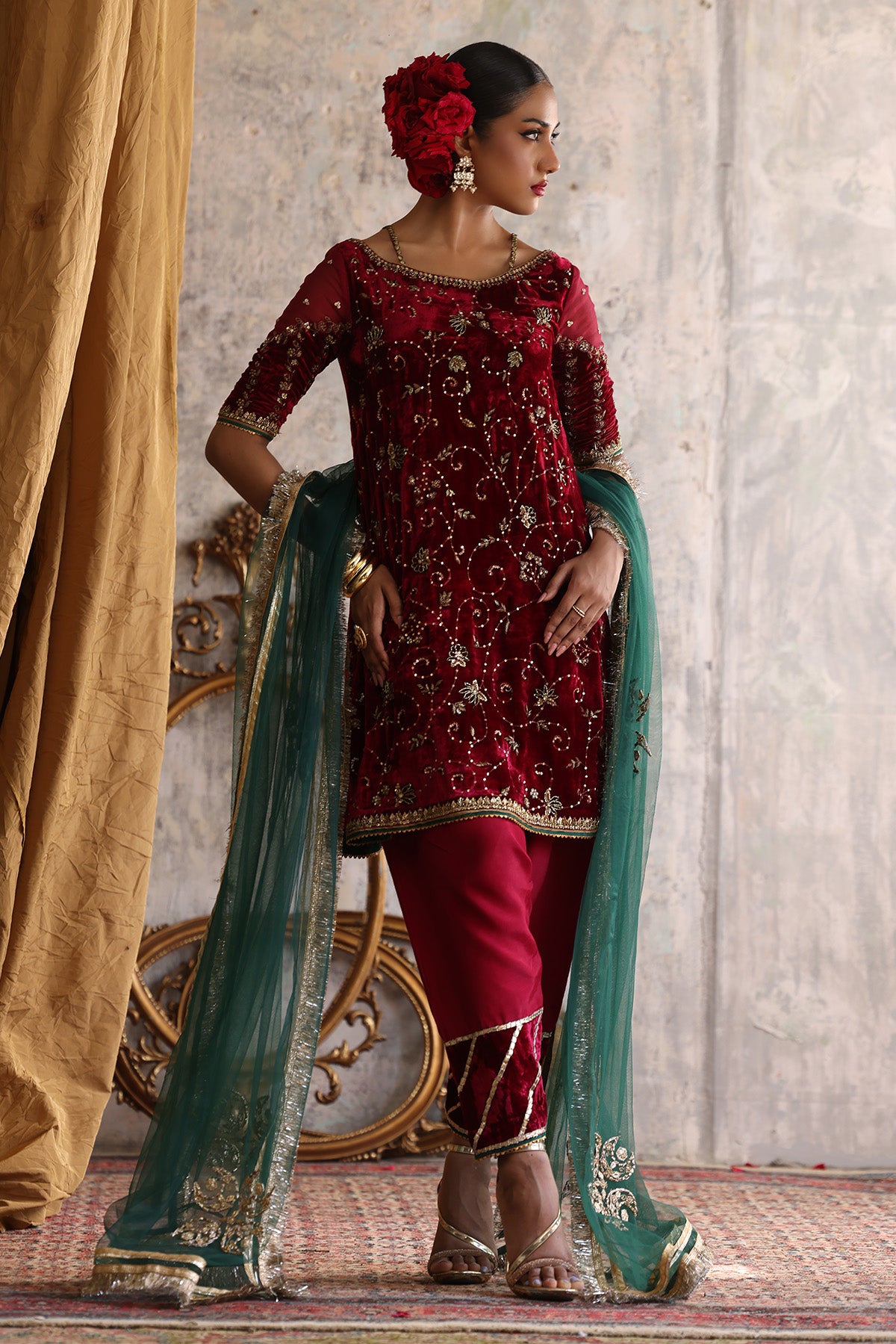 Red Velvet Ari & Zardozi Salwar Kameez (3-Piece) - Image 2