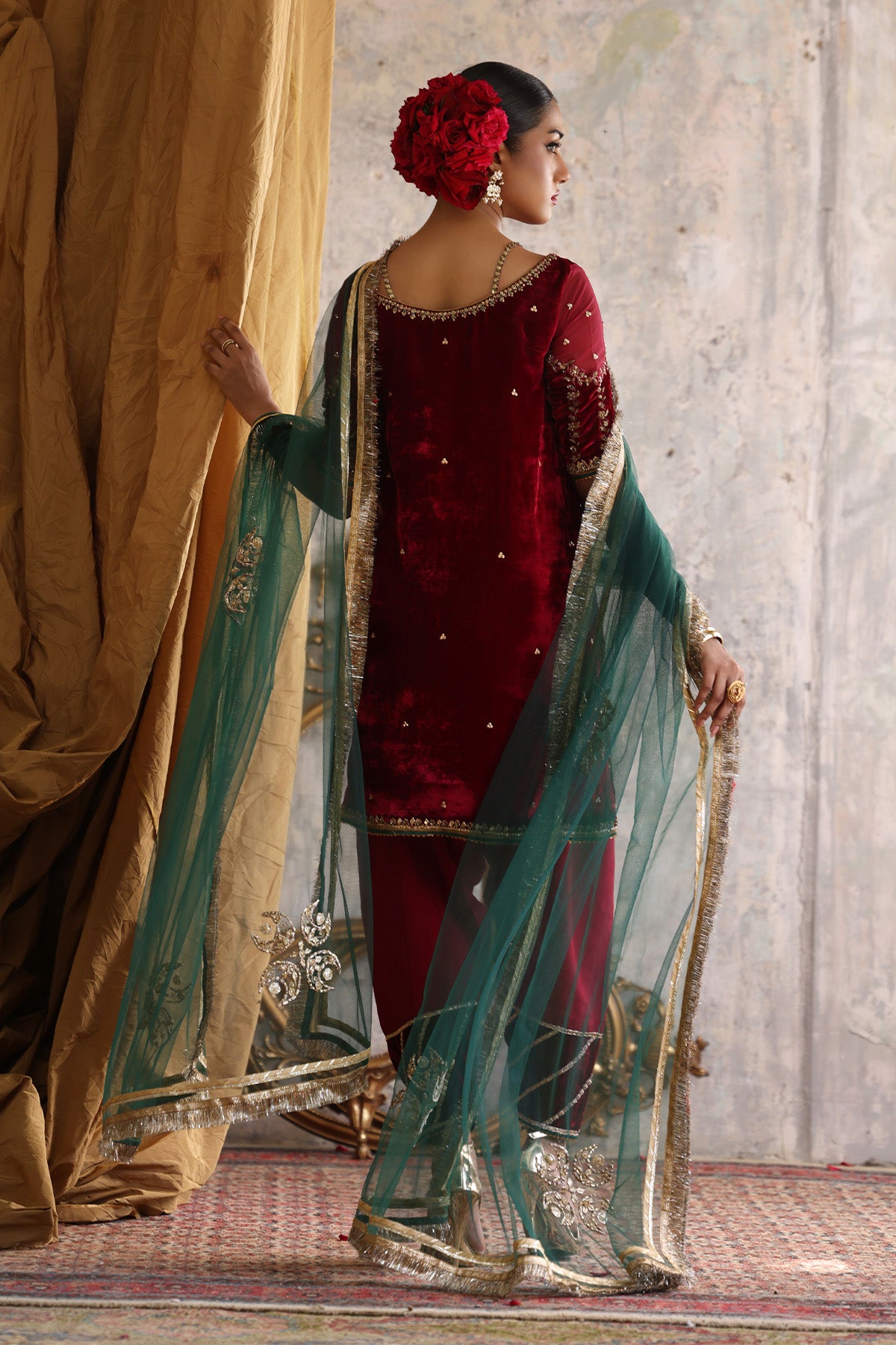 Red Velvet Ari & Zardozi Salwar Kameez (3-Piece) - Image 3