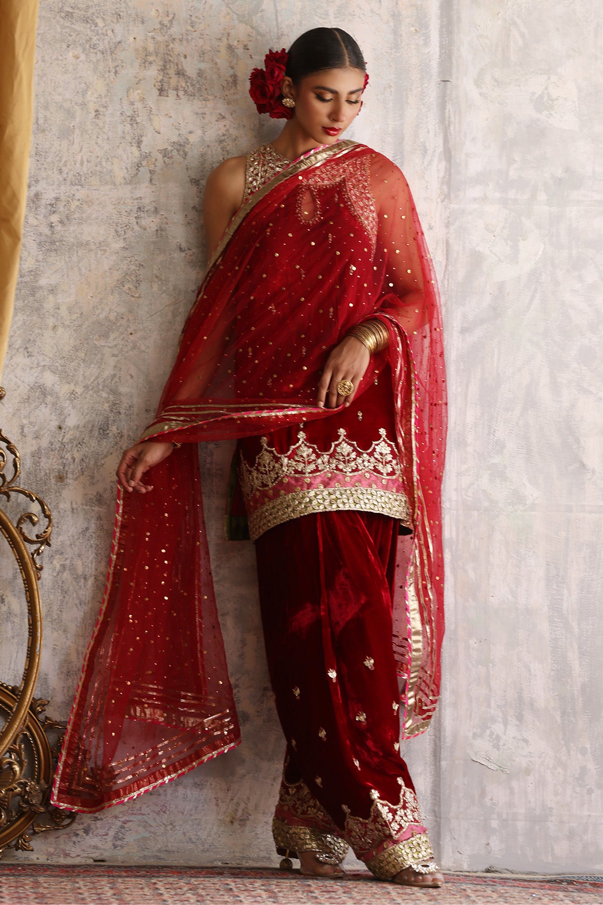 Red Kamdani Net Dupatta (1-Pc) - Image 1