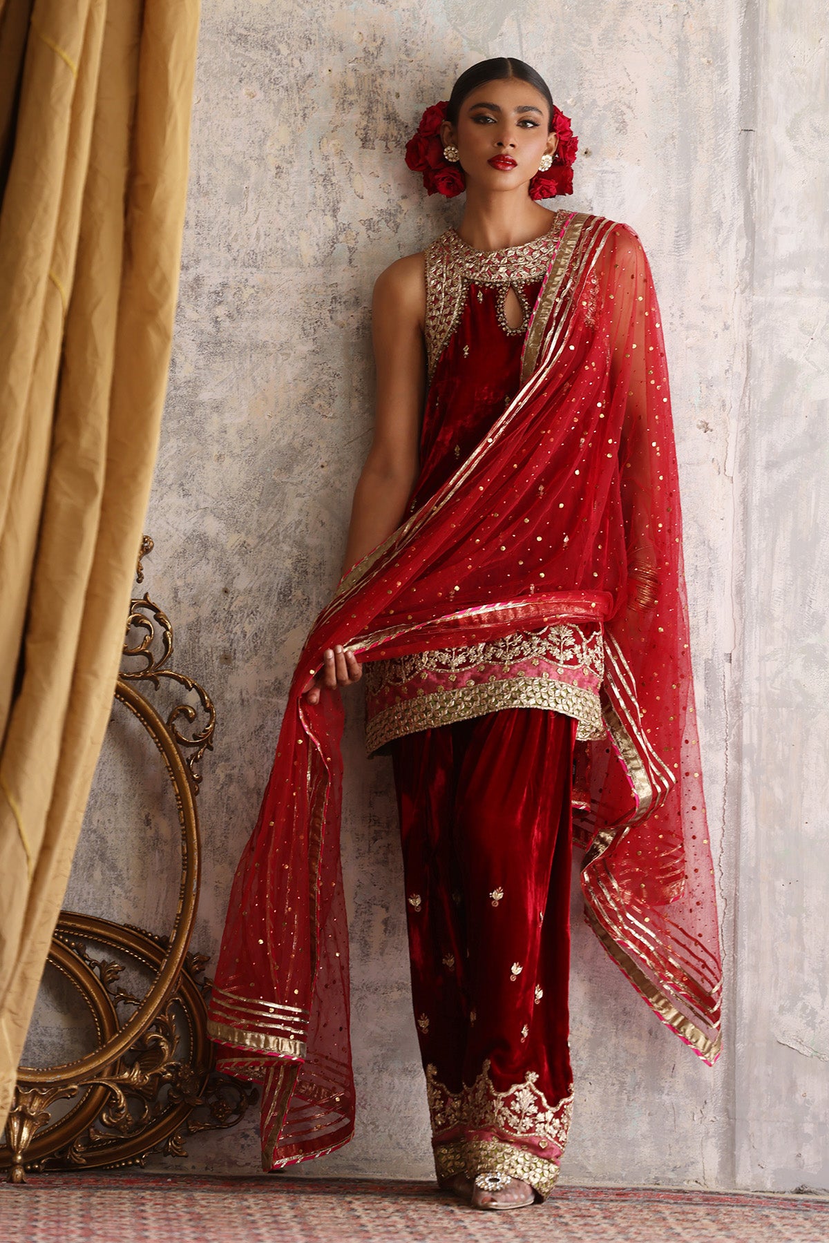 Red Kamdani Net Dupatta (1-Pc) - Image 2