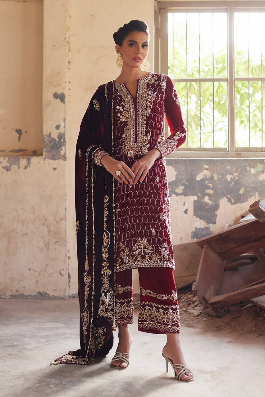Deep Red Zardozi Velvet Kurta Set (3-Piece) - Image 1