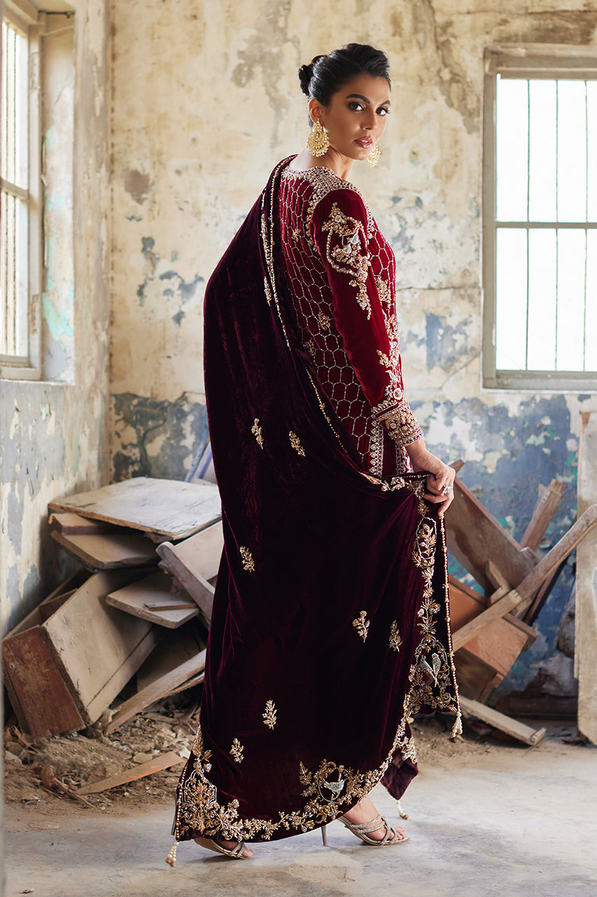 Deep Red Zardozi Velvet Kurta Set (3-Piece) - Image 2