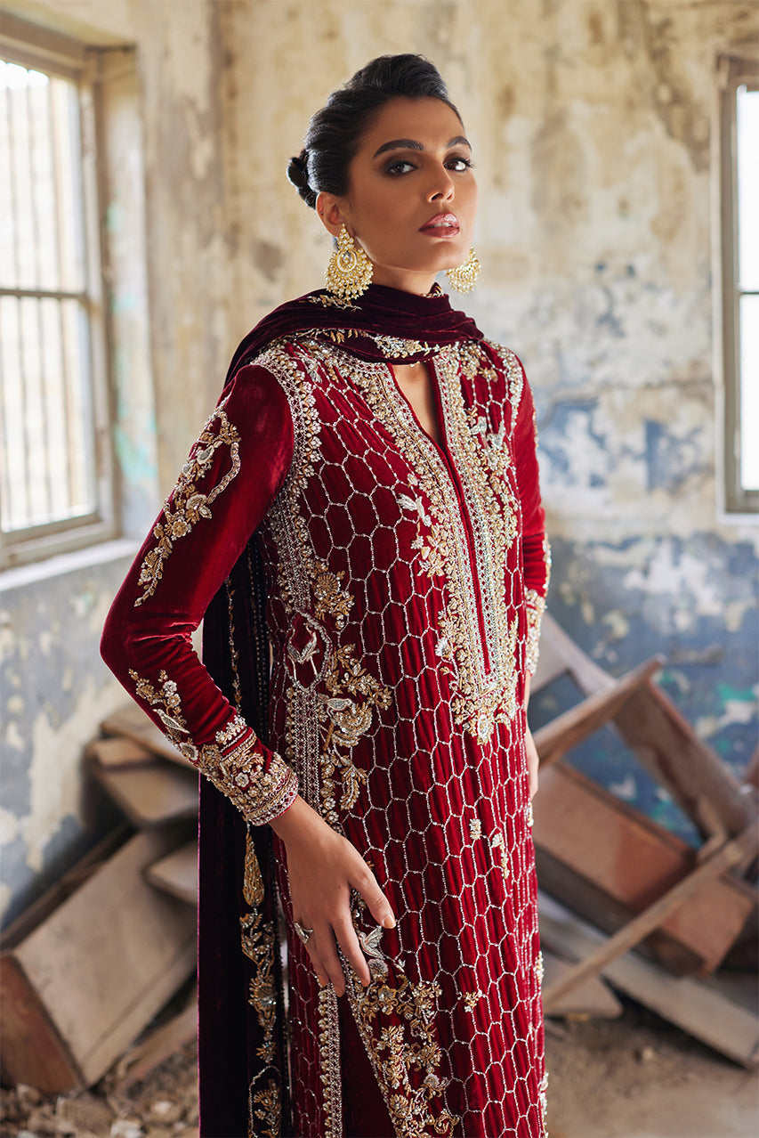 Deep Red Zardozi Velvet Kurta Set (3-Piece) - Image 5