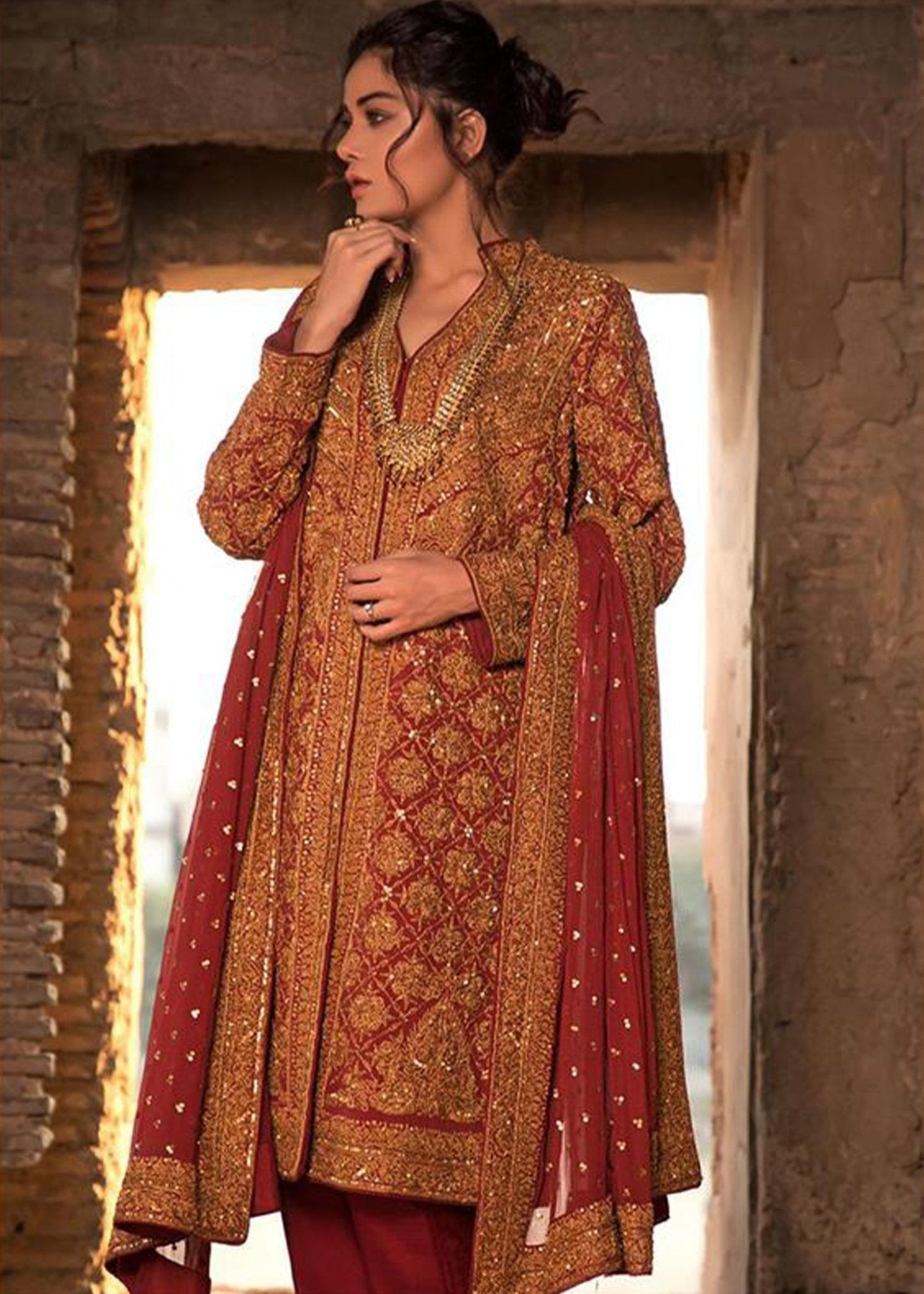 Red Marori Embroidered Viscose Silk Coat Set (3-Piece) - Image 1