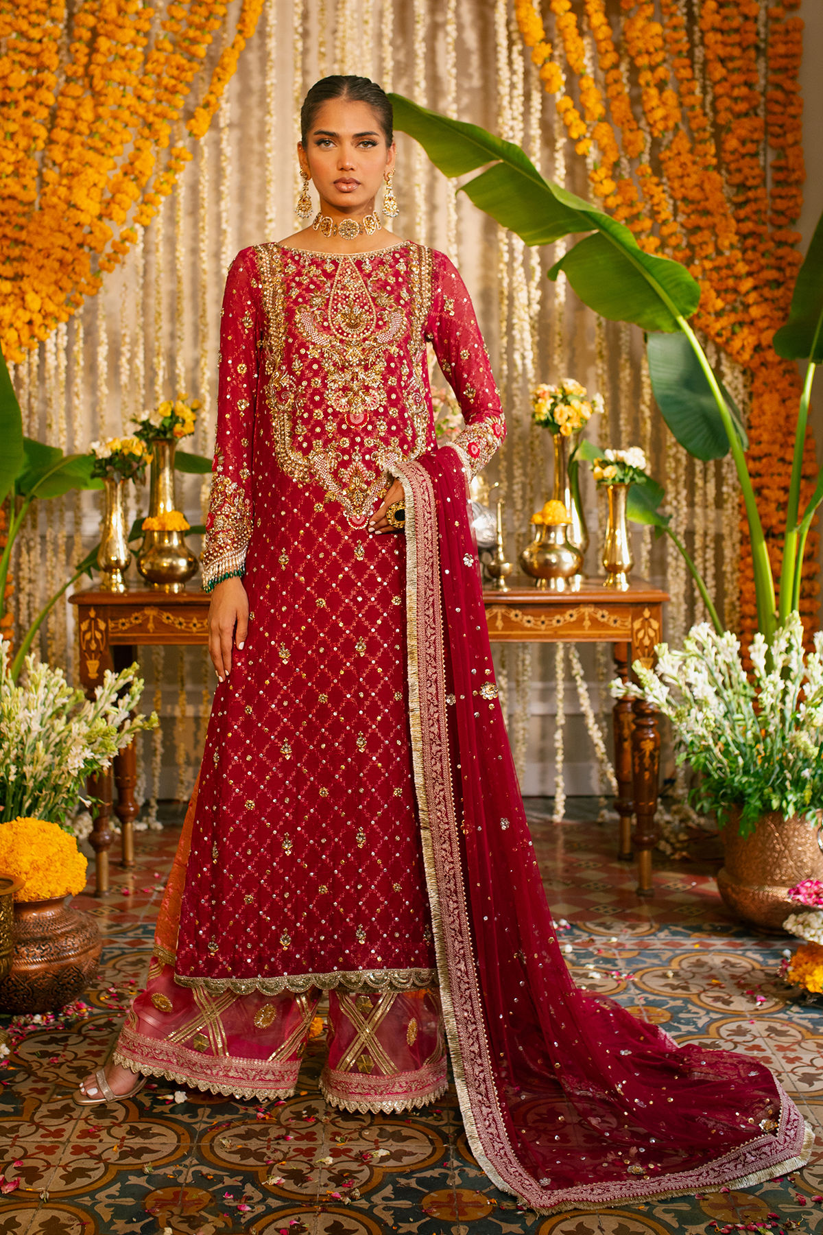 Cherry Red Zardozi Pure Zari Silk Salwar Kameez (3-Piece) - Image 1