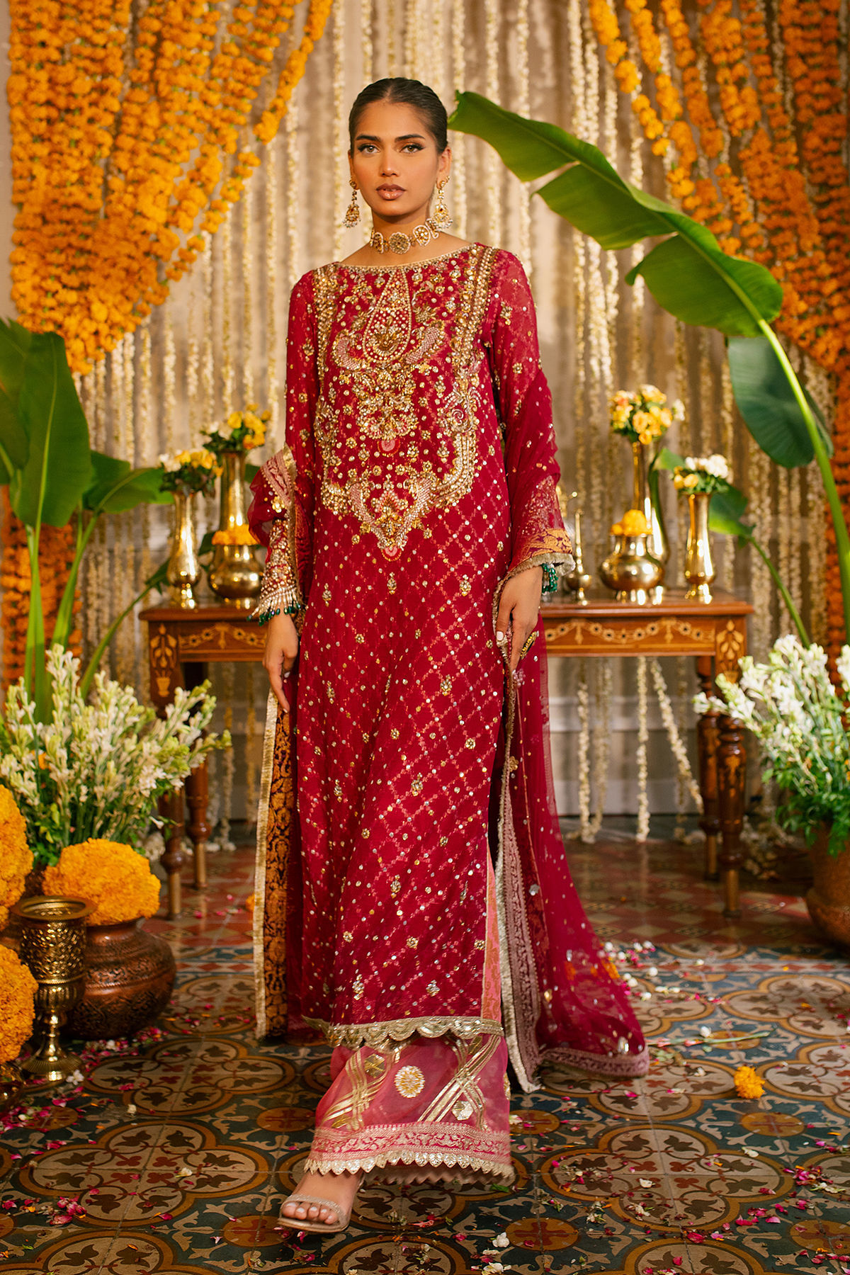 Cherry Red Zardozi Pure Zari Silk Salwar Kameez (3-Piece) - Image 10