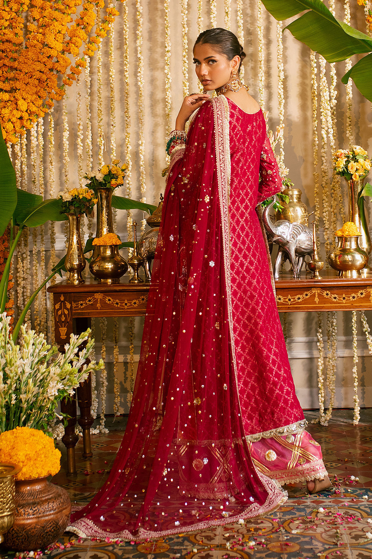 Cherry Red Zardozi Pure Zari Silk Salwar Kameez (3-Piece) - Image 11