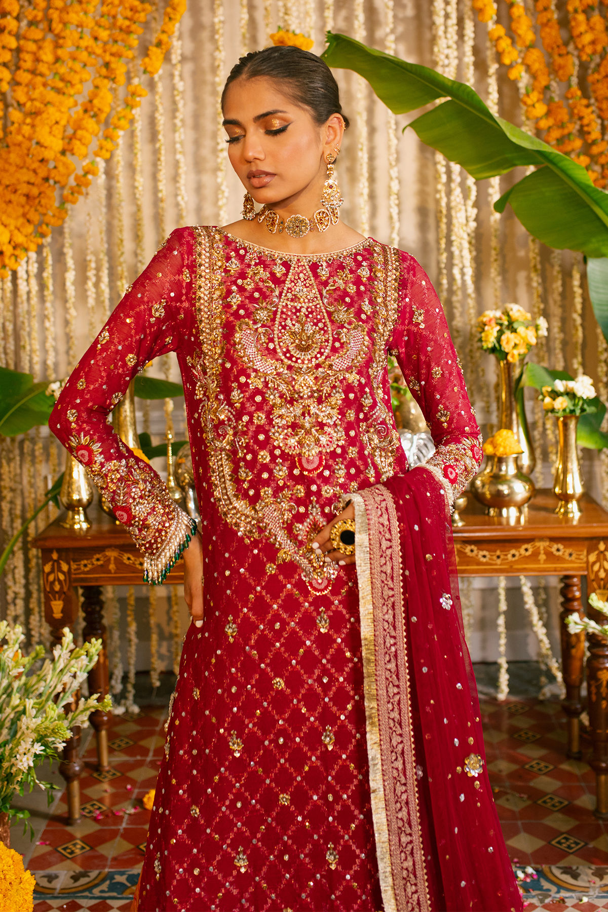 Cherry Red Zardozi Pure Zari Silk Salwar Kameez (3-Piece) - Image 2