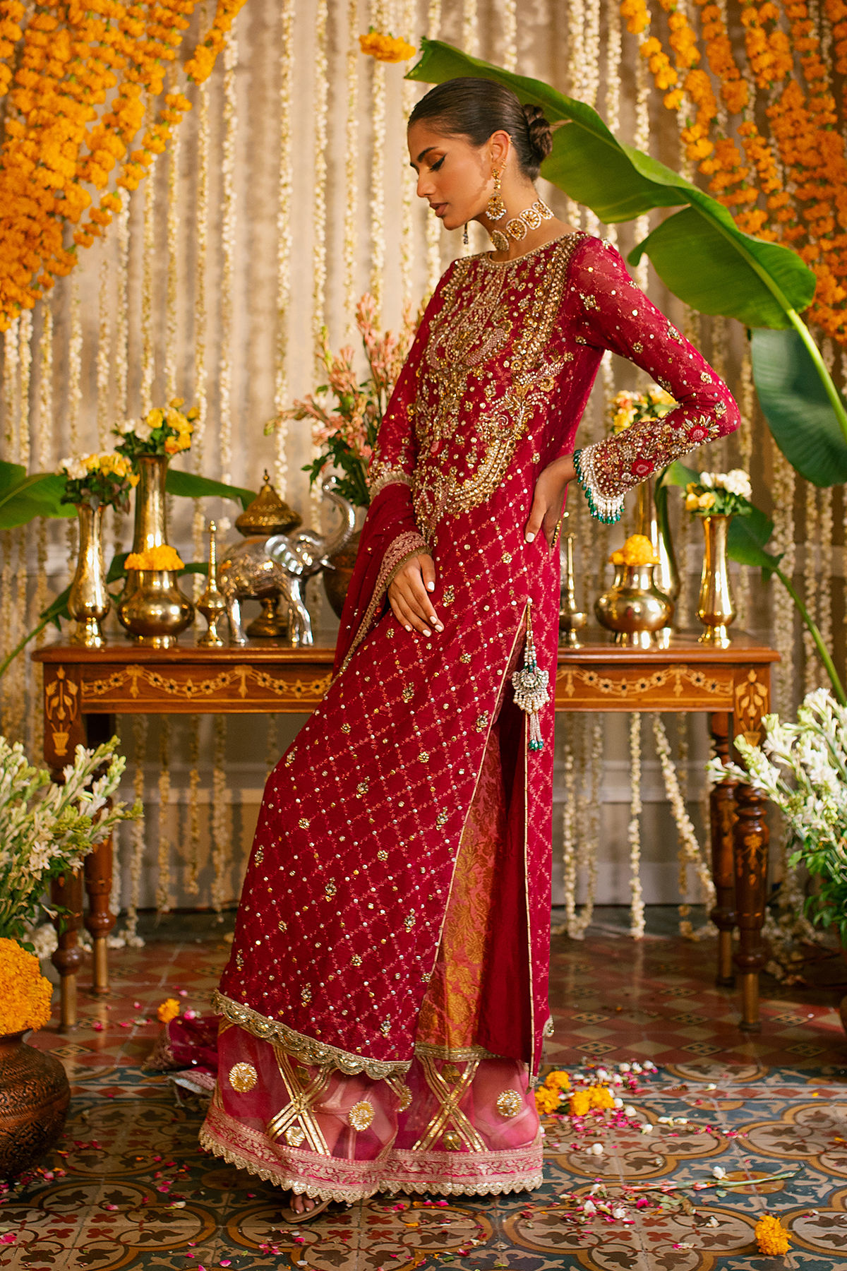 Cherry Red Zardozi Pure Zari Silk Salwar Kameez (3-Piece) - Image 4