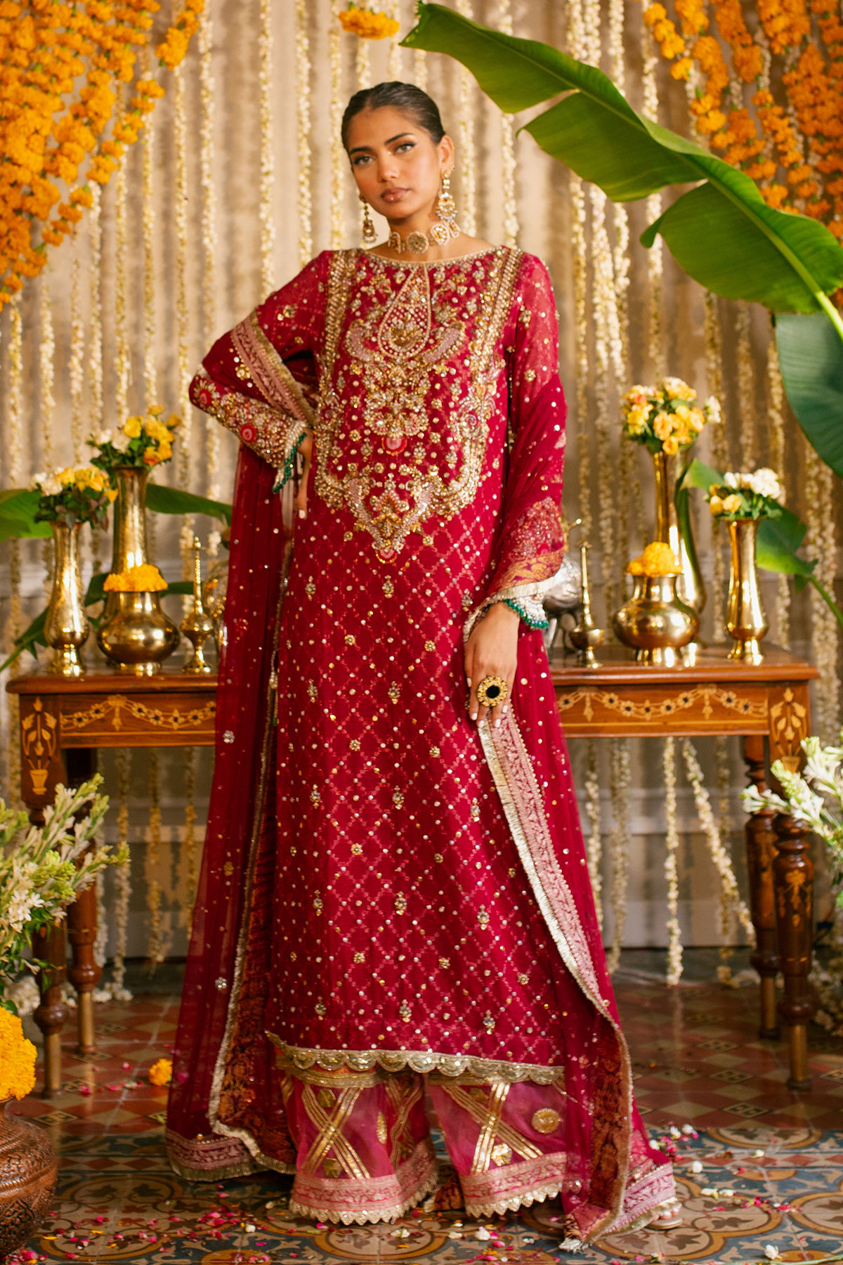 Cherry Red Zardozi Pure Zari Silk Salwar Kameez (3-Piece) - Image 5