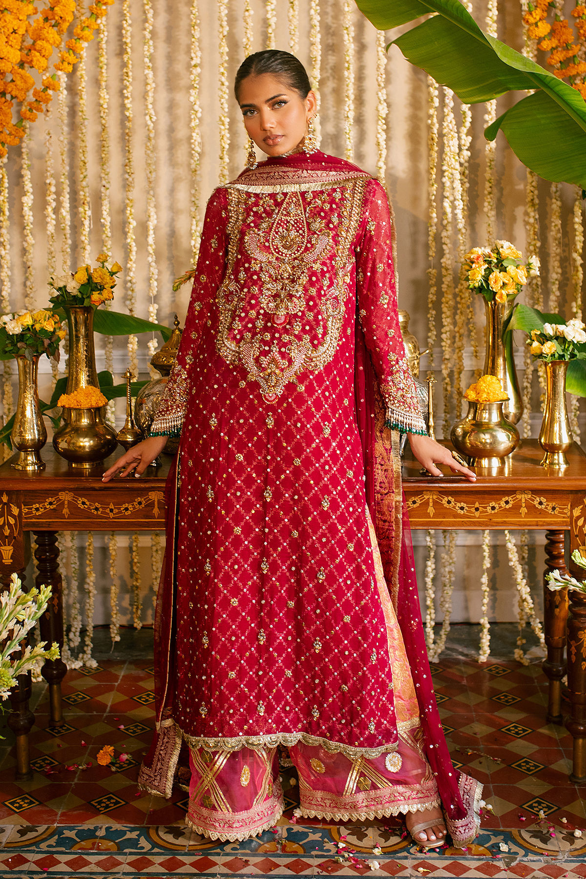 Cherry Red Zardozi Pure Zari Silk Salwar Kameez (3-Piece) - Image 8