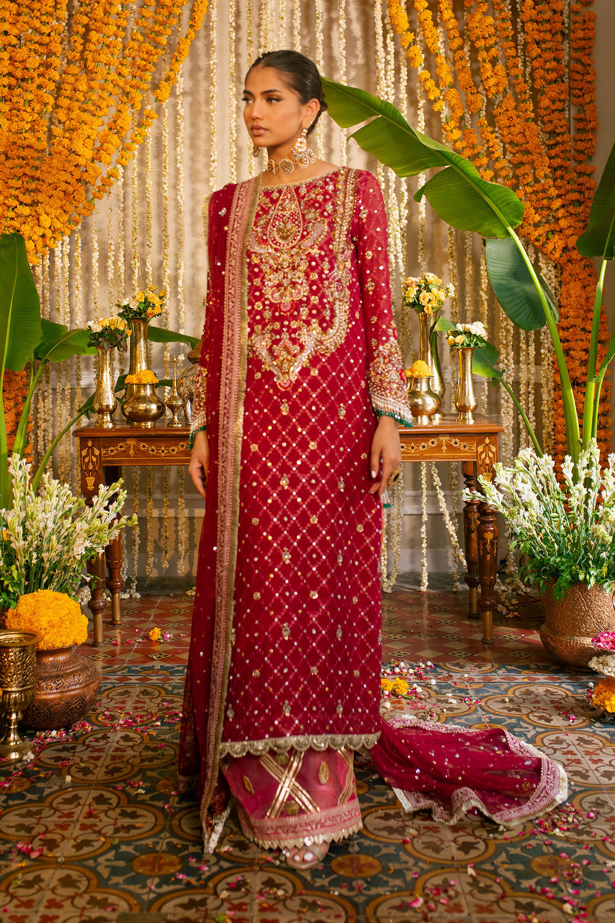 Cherry Red Zardozi Pure Zari Silk Salwar Kameez (3-Piece) - Image 9