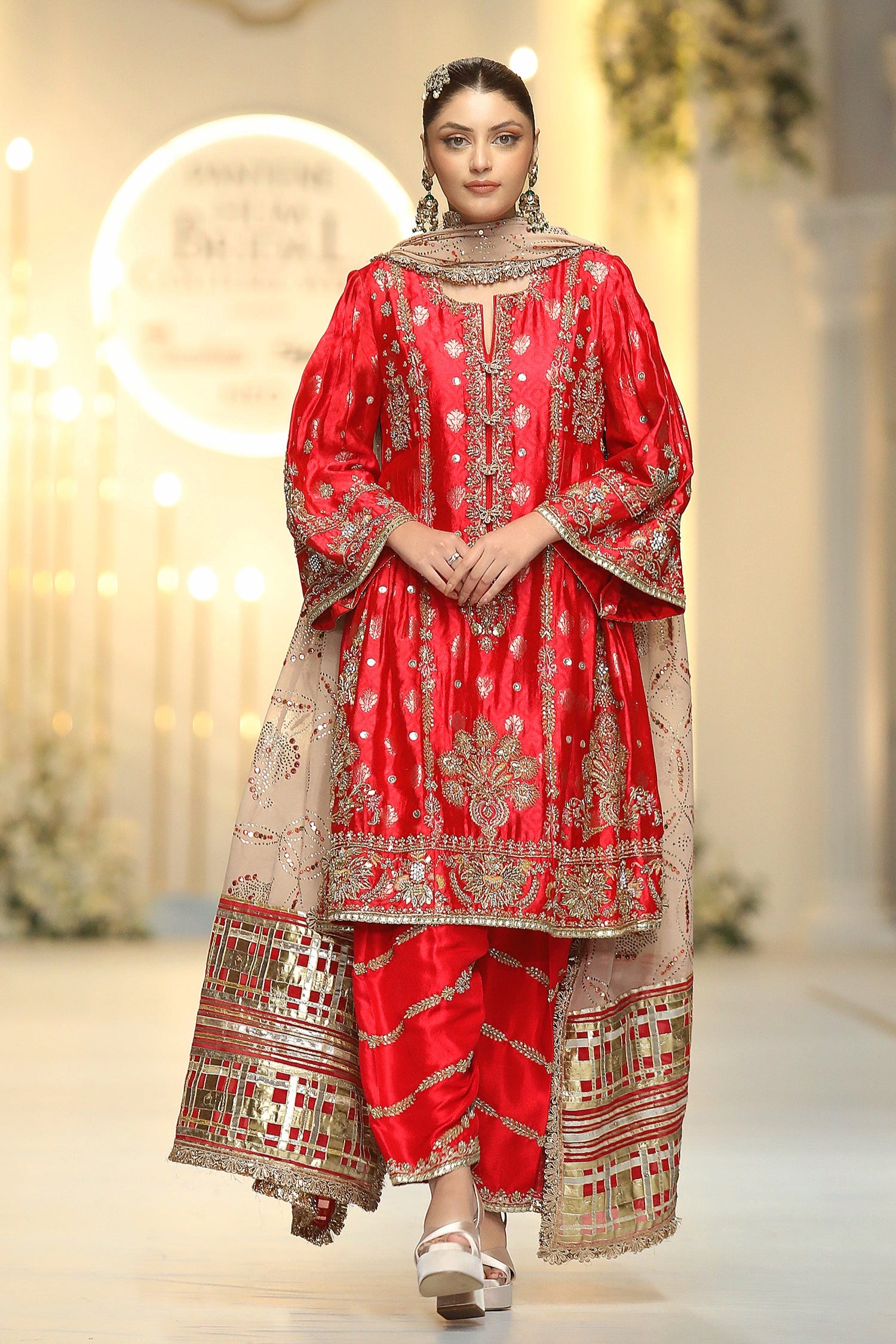 Pakistani Poppy Red Zari Tissue Silk Salwar Kameez (3-Piece) - Image 1