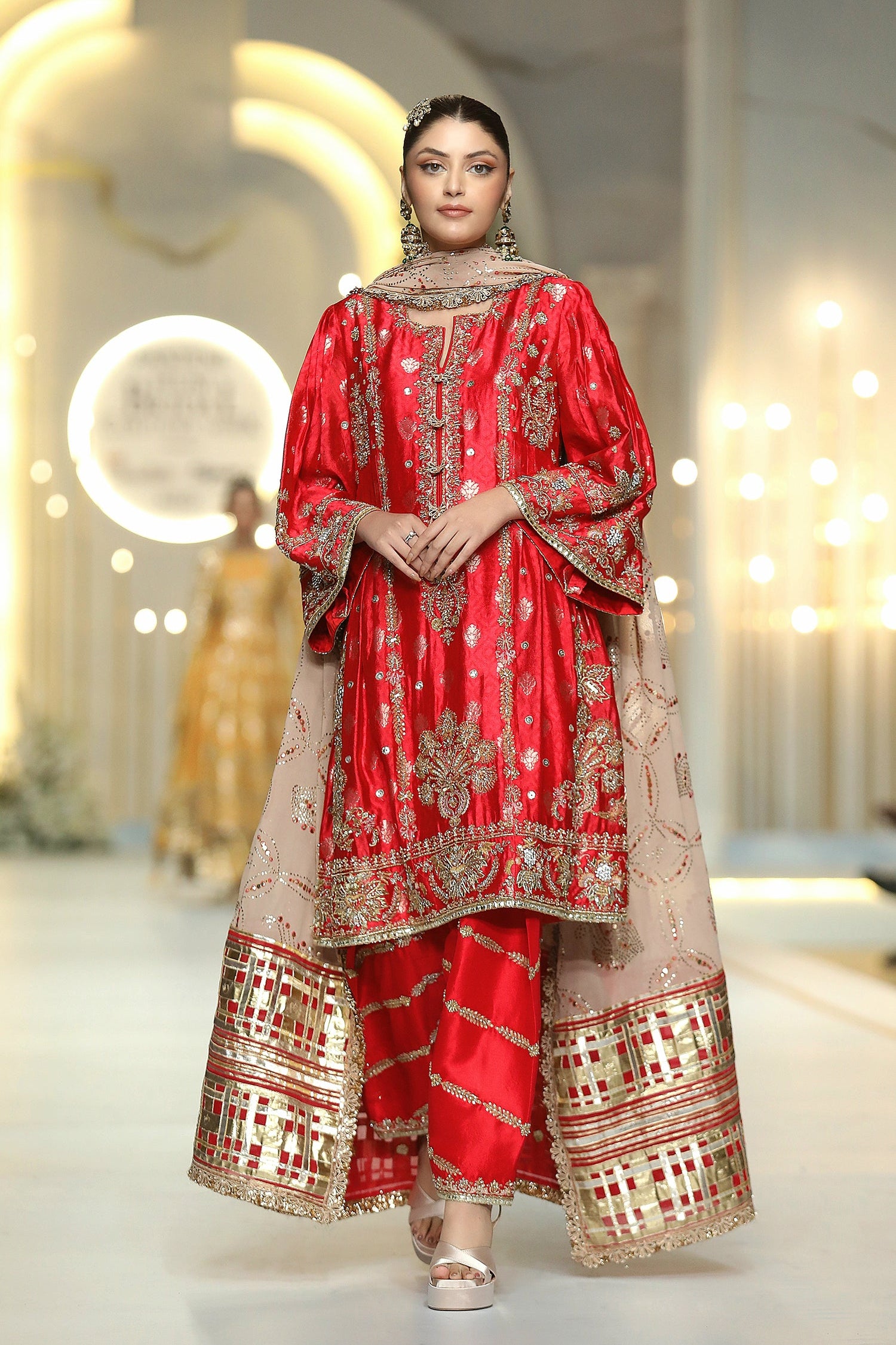 Pakistani Poppy Red Zari Tissue Silk Salwar Kameez (3-Piece) - Image 2