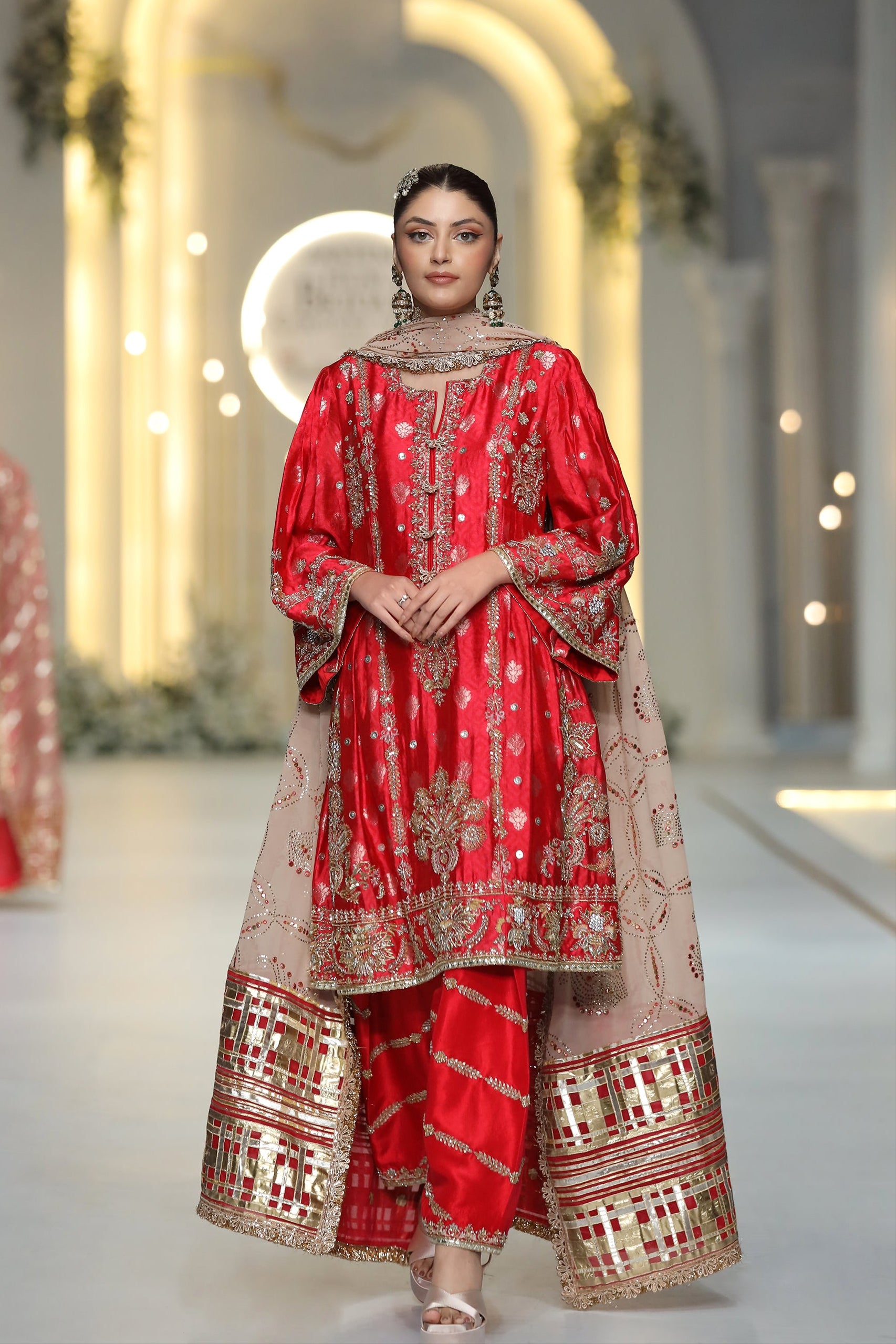 Pakistani Poppy Red Zari Tissue Silk Salwar Kameez (3-Piece) - Image 3