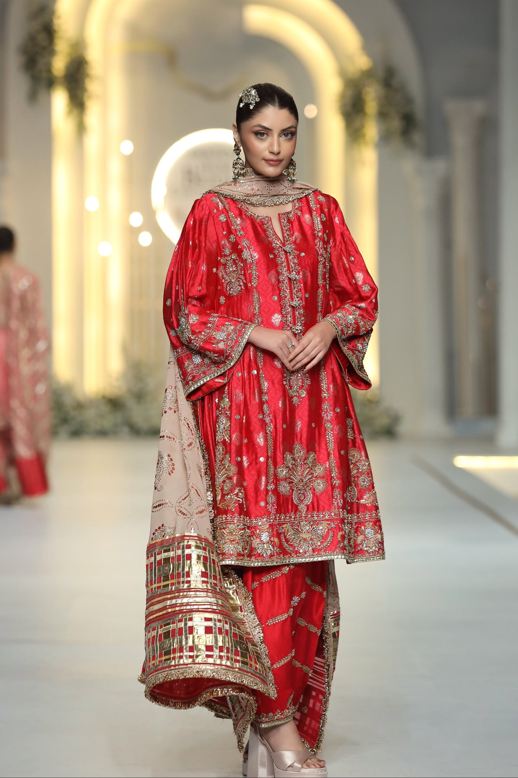Pakistani Poppy Red Zari Tissue Silk Salwar Kameez (3-Piece) - Image 4