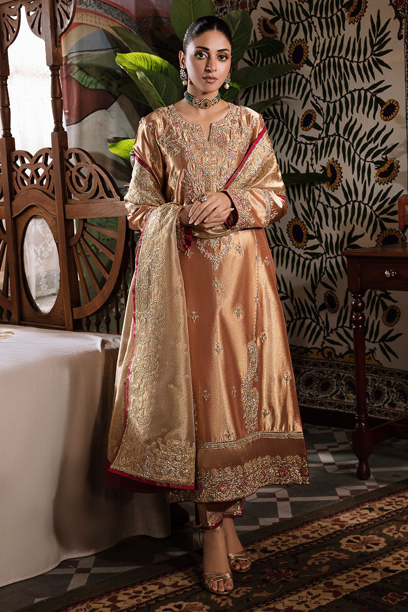 Pakistani Red Golden Embroidered Zarri Silk Salwar Kameez (3-Piece) - Image 1