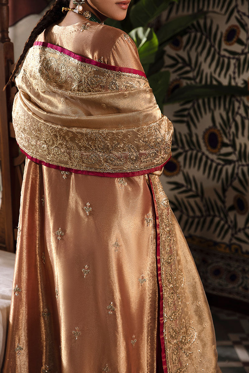 Pakistani Red Golden Embroidered Zarri Silk Salwar Kameez (3-Piece) - Image 10