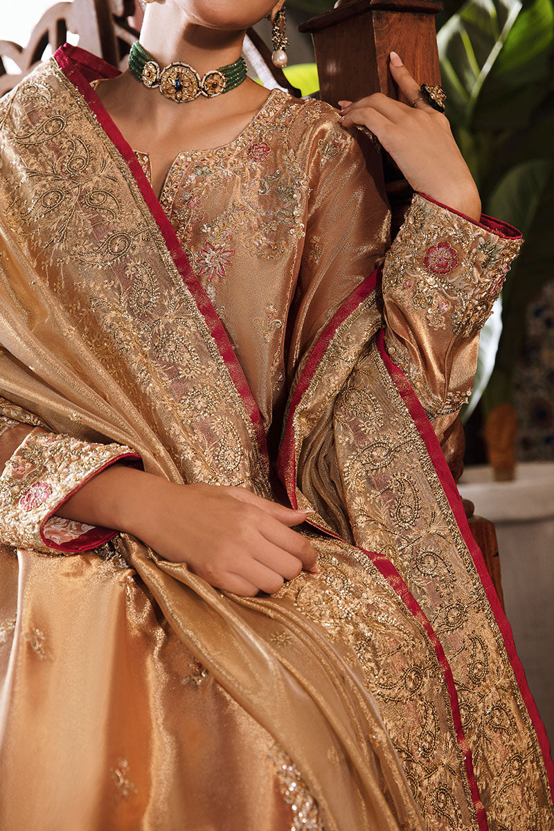 Pakistani Red Golden Embroidered Zarri Silk Salwar Kameez (3-Piece) - Image 11