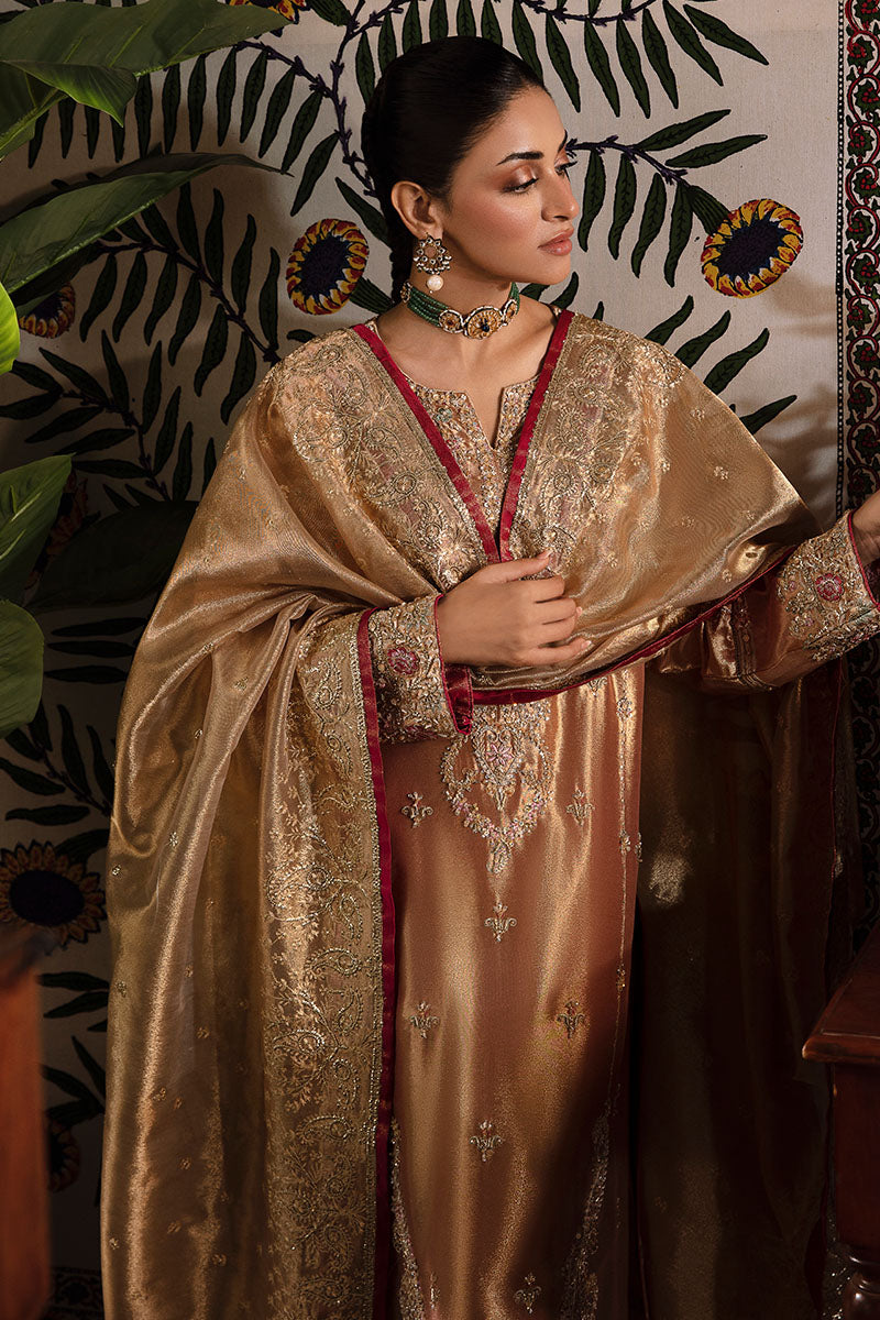 Pakistani Red Golden Embroidered Zarri Silk Salwar Kameez (3-Piece) - Image 2