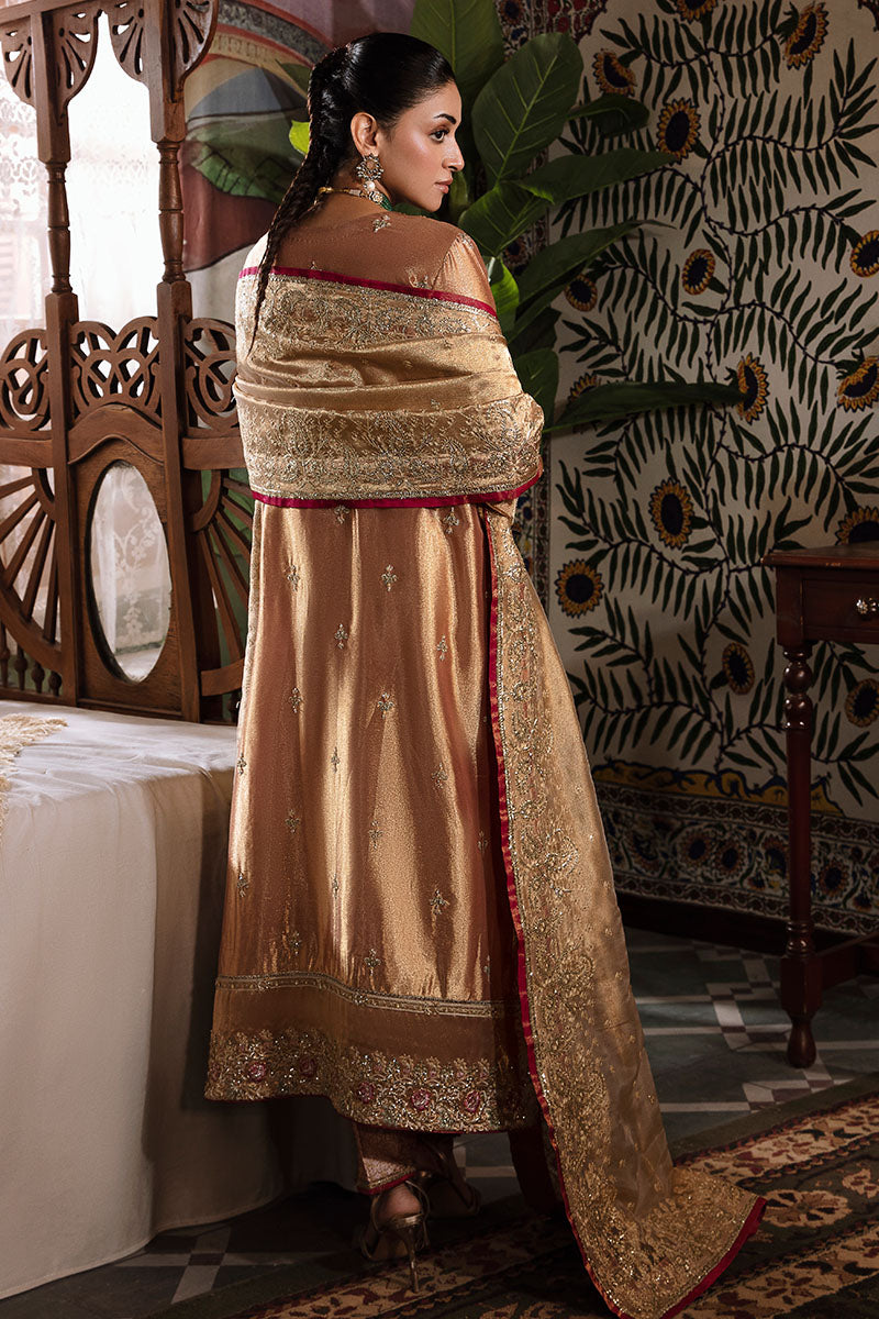 Pakistani Red Golden Embroidered Zarri Silk Salwar Kameez (3-Piece) - Image 3
