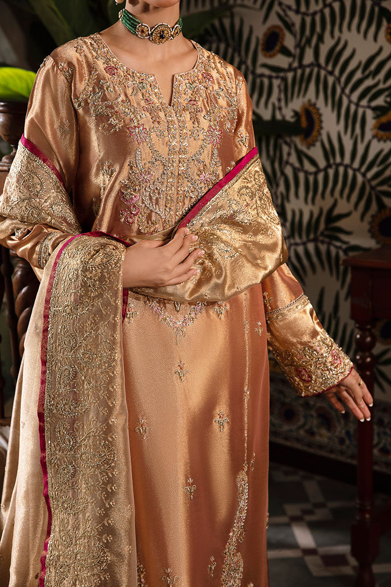 Pakistani Red Golden Embroidered Zarri Silk Salwar Kameez (3-Piece) - Image 6