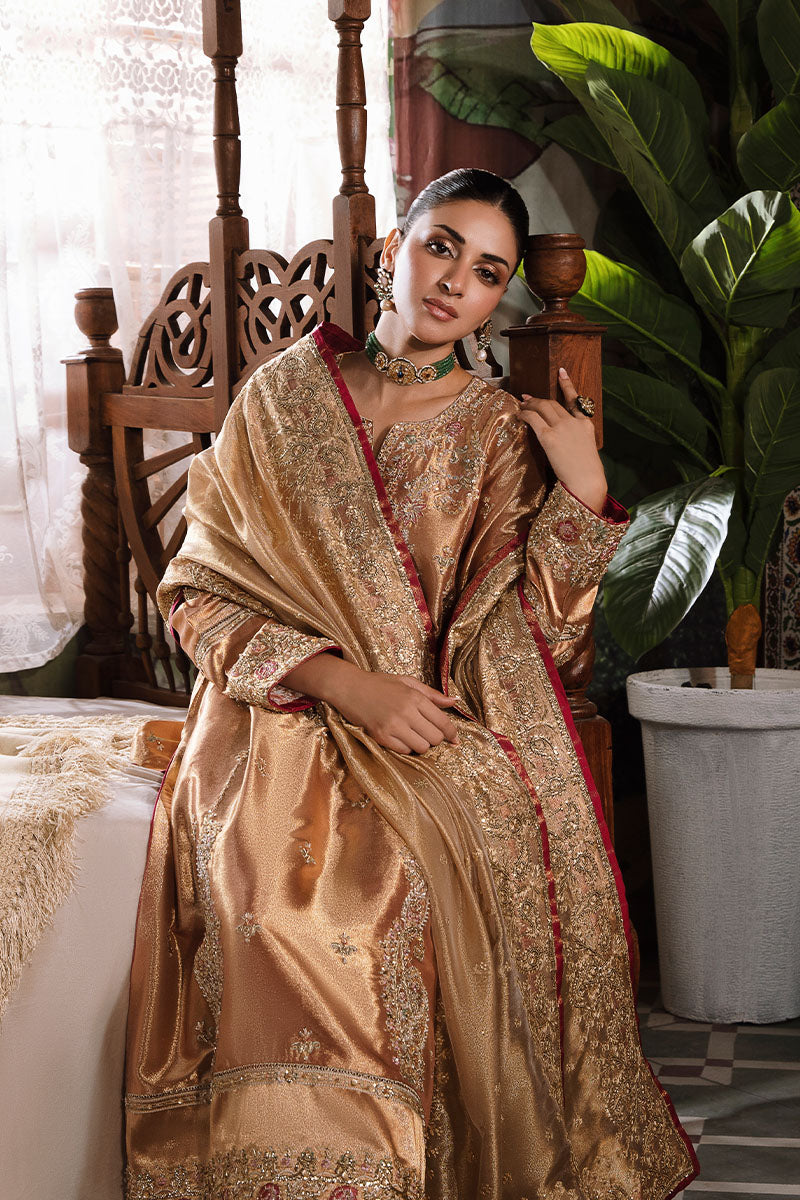 Pakistani Red Golden Embroidered Zarri Silk Salwar Kameez (3-Piece) - Image 7