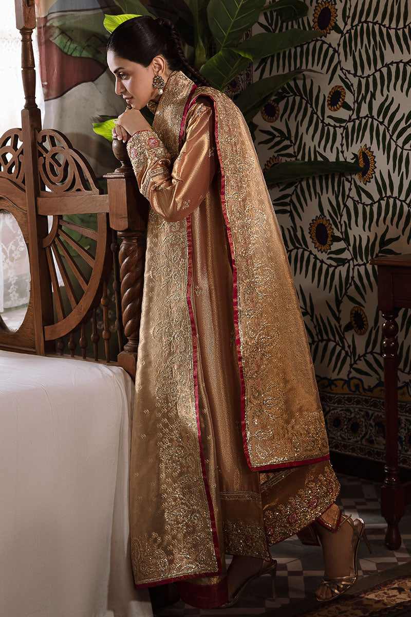 Pakistani Red Golden Embroidered Zarri Silk Salwar Kameez (3-Piece) - Image 8