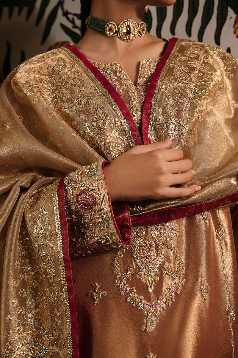 Pakistani Red Golden Embroidered Zarri Silk Salwar Kameez (3-Piece) - Image 9