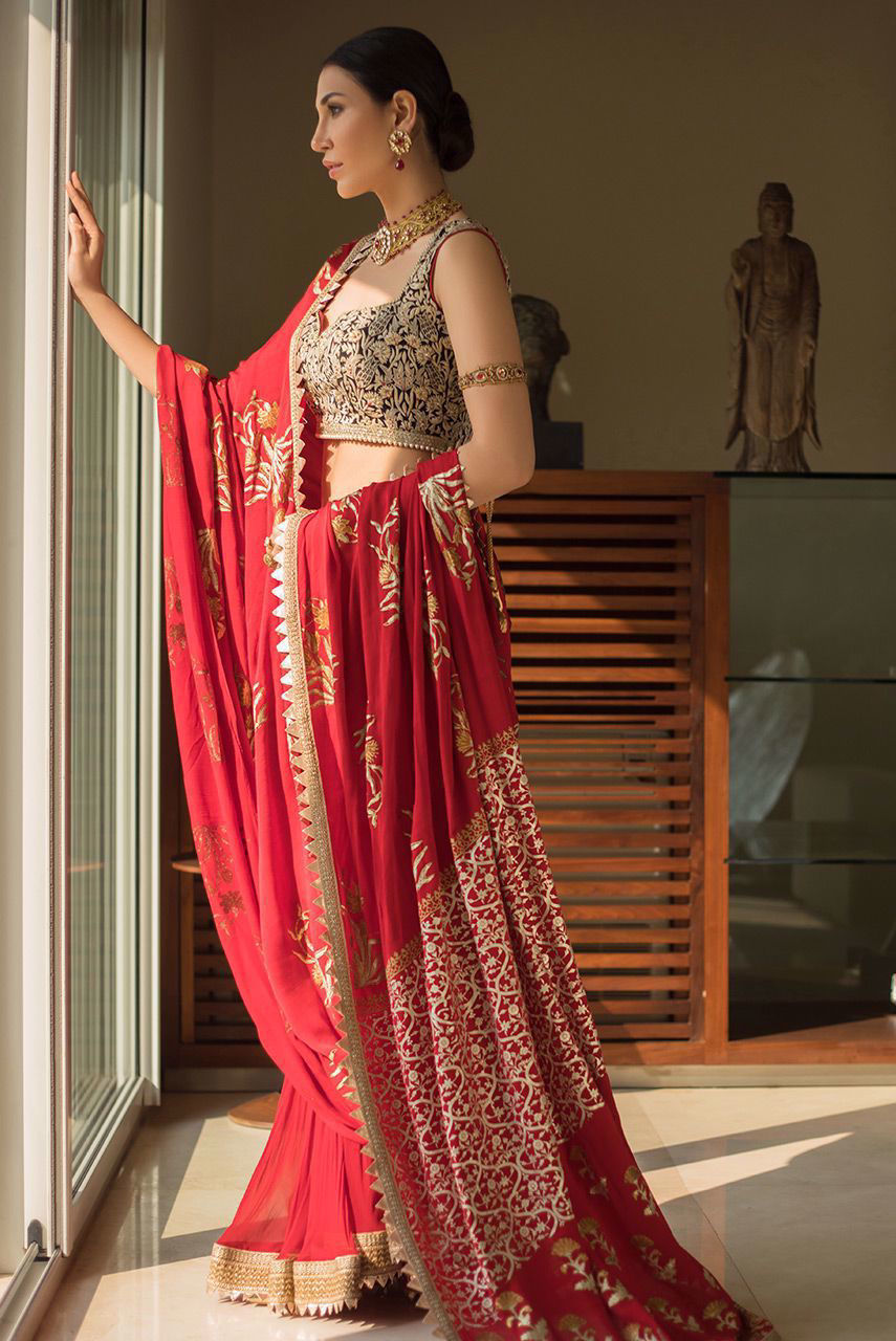 Pakistani Red Gara Embroidered Chiffon & Crepe Gharara Saree (2-Piece) - Image 3